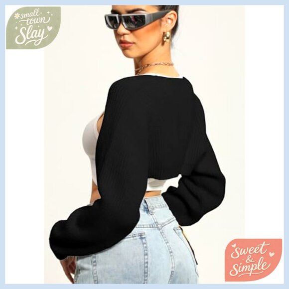 Cropped Knit Cardigan Long Sleeve Open Front Shrug Sweater - Picture 3 of 7